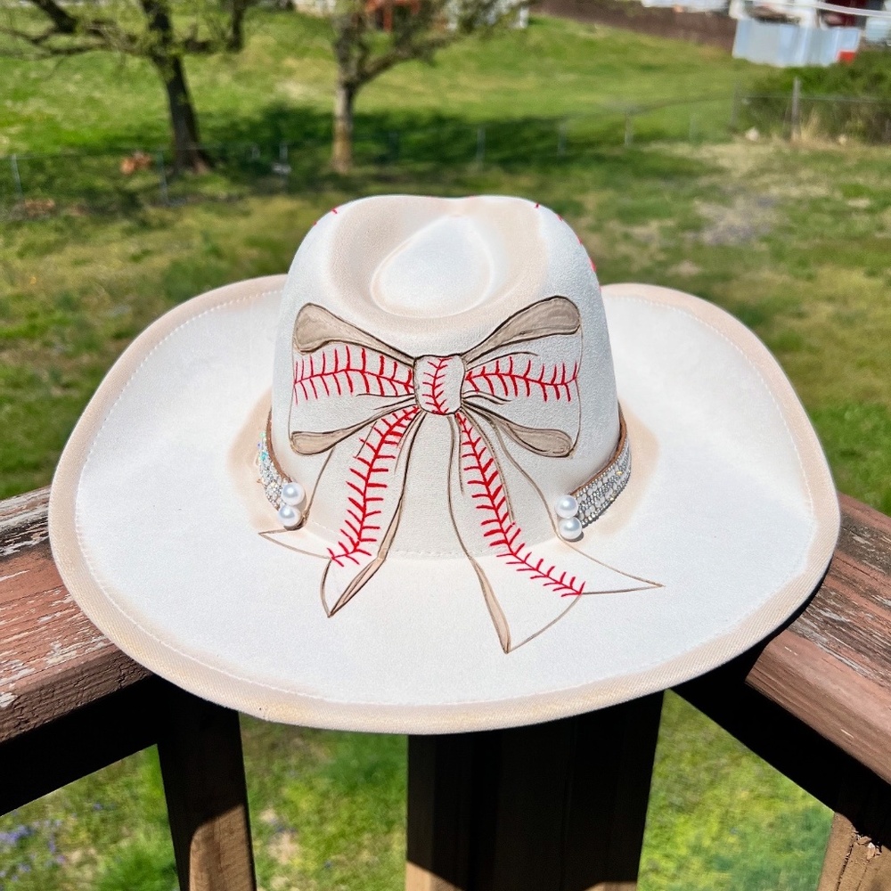 Baseball Bow Hand Burned, painted and stitched Cowboy Hat, Sports Mom